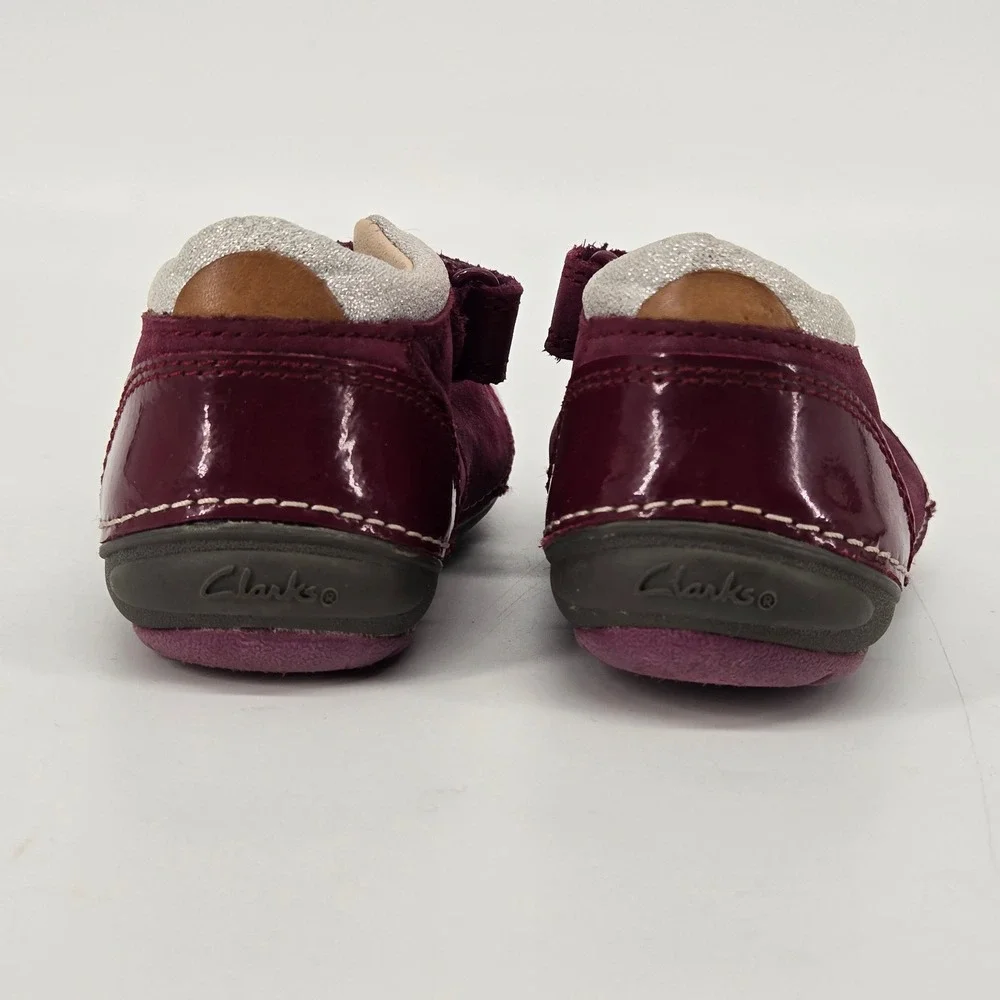 Clarks First Shoes Tiny Mist Plum Burgundy Leather Mary Jane Stars Shoes Sz 6W